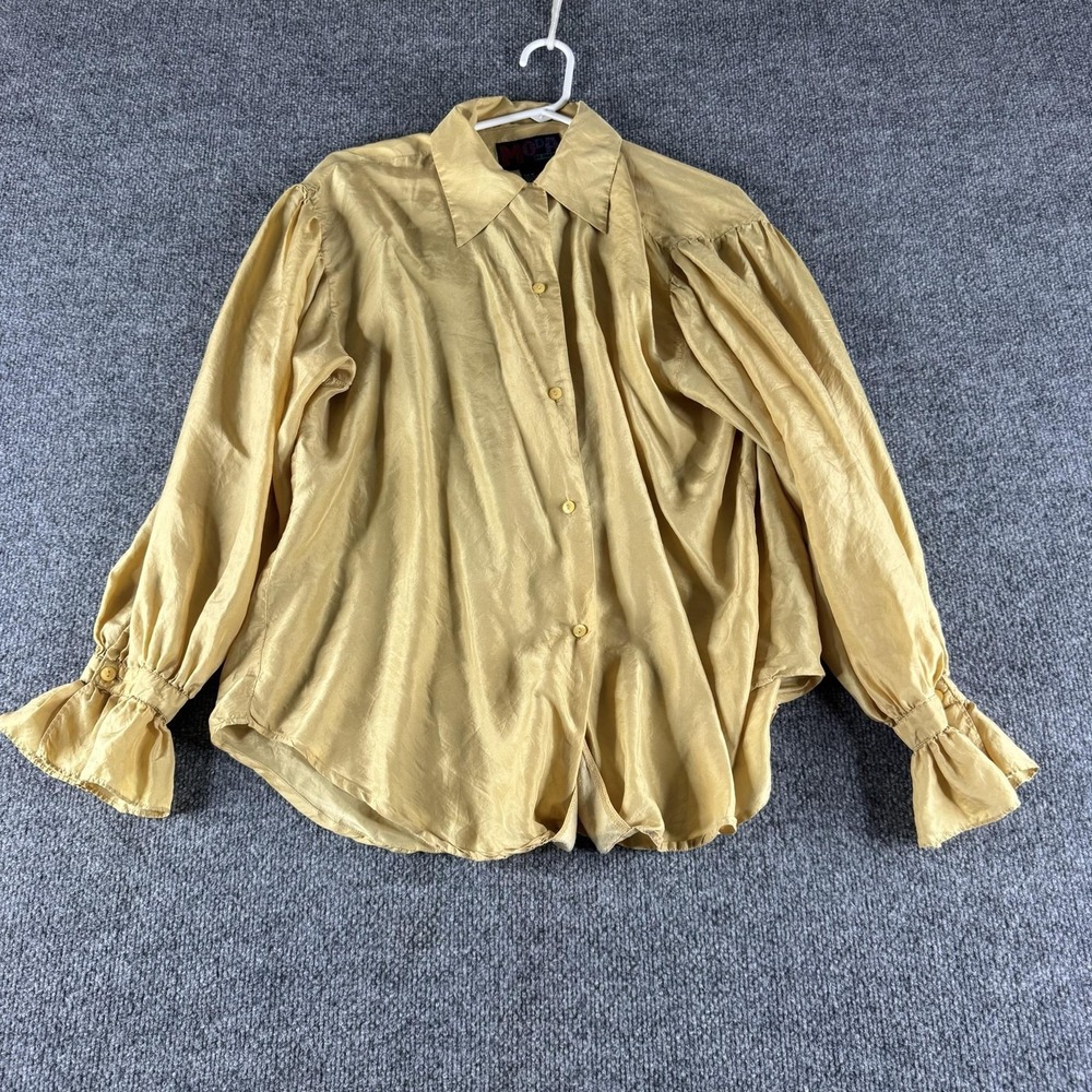 Moda Shirt Womens M Gold Silk Puff Sleeve Collared Button Front Ruffle Cuff